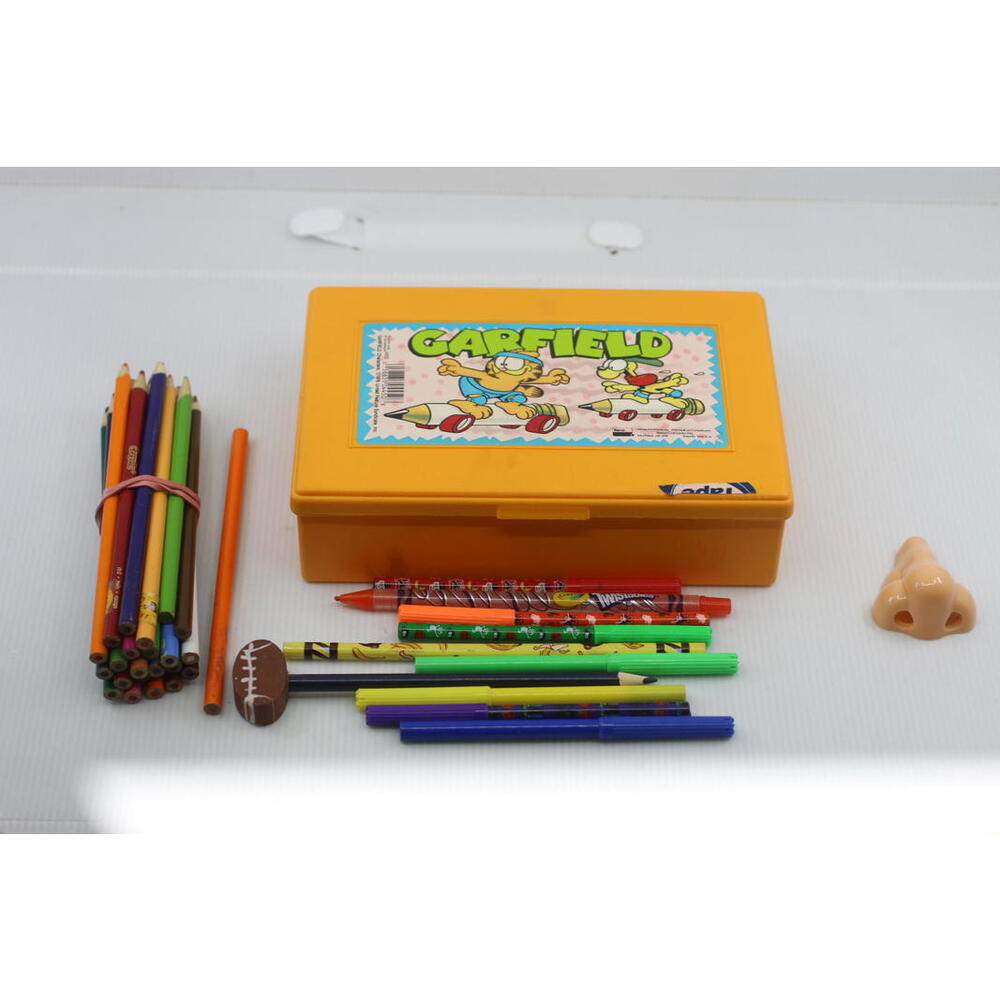 Vintage Garfield Pencil Box School Supply Lot Crayola Pens Pencils Eraser